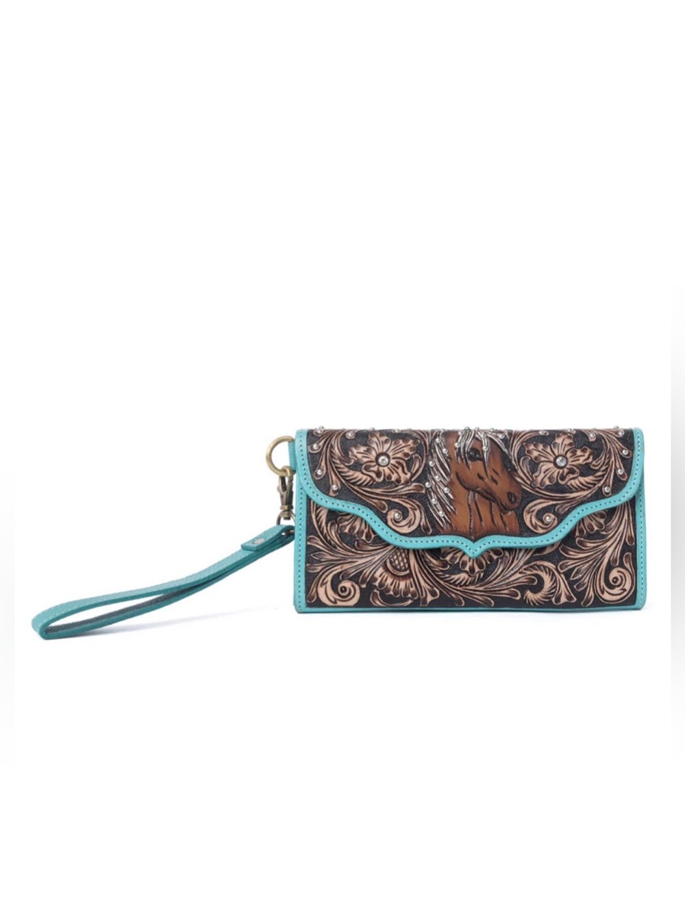 Western Wallet Hand-Tooled Floral & Horse Wristlet Wallet in Turquoise